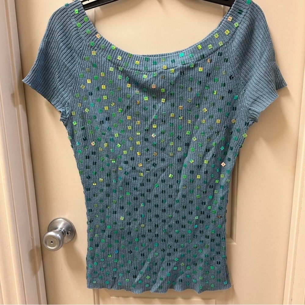 Newport News Blue Fitted Cap Sleeve Blouse